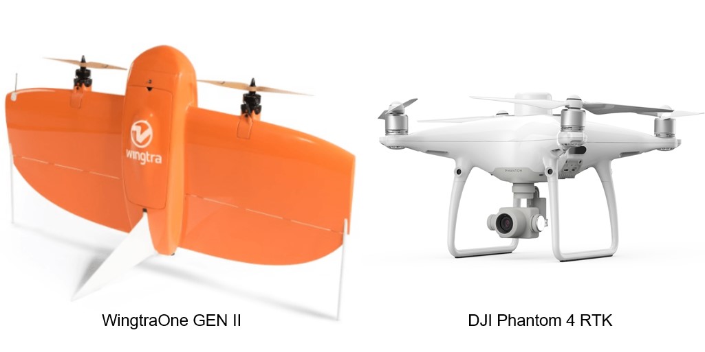 Drone cánh cố định (bên trái) và Drone cánh quạt (bên phải)