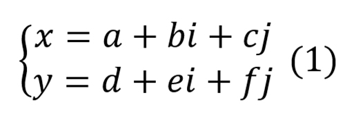 Ví dụ cho việc sử dụng hàm bậc 1 (đòi hỏi 6 tham số được xác định) để chuyển đổi từ (i,j) sang (x,y):